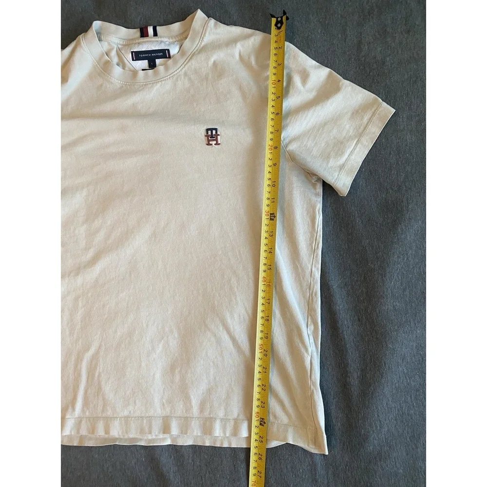 TOMMY HILFIGER Mens T-Shirt Top Large Beige Cotton Embroidered